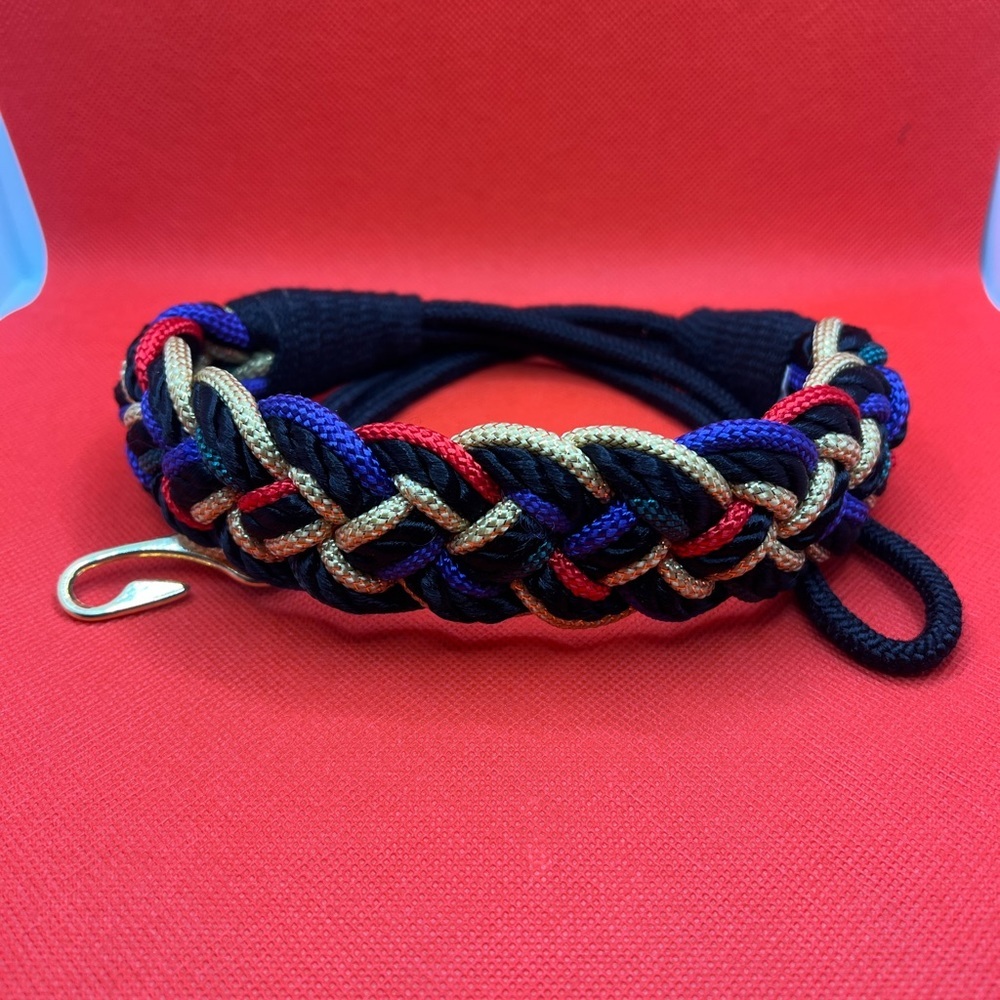 Vintage Braided Belt with Gold Hook Closure and Metallic Gold Accents Multicolor